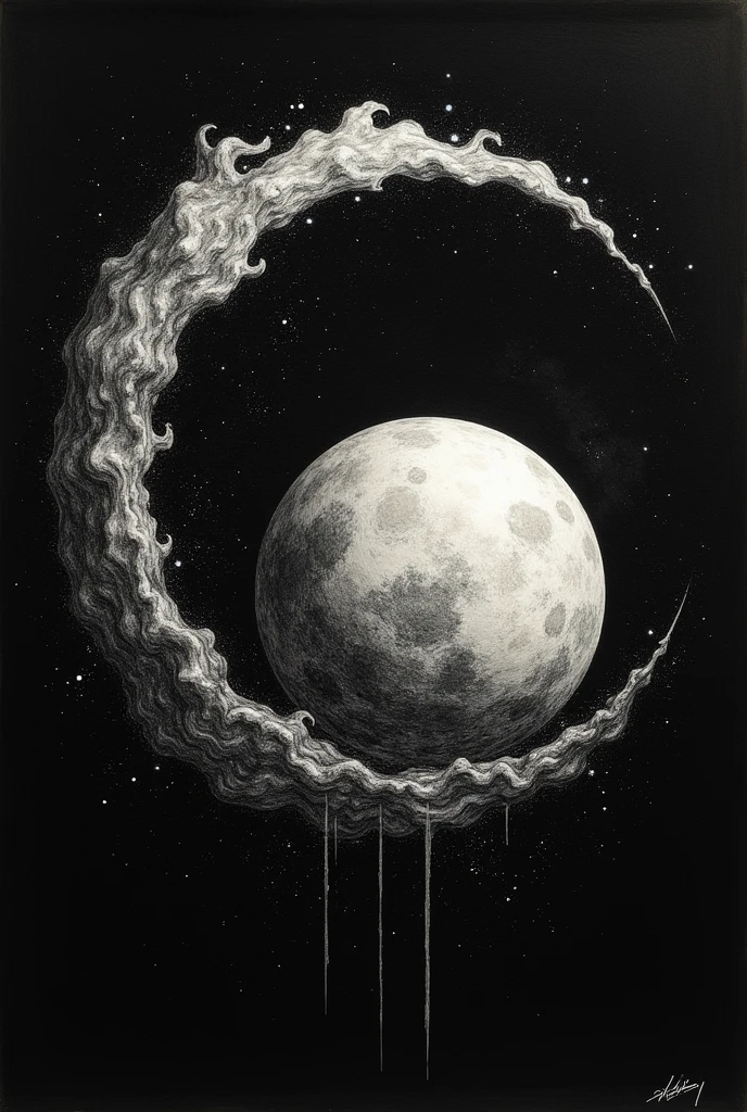 Drawing of a moon inside a moon with black and white tides