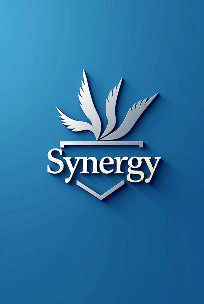 Logo brand about synergy, for academic center of civil engineering, in blue and silver colors. More abstract image with some bird design and the word synergy in the middle, paragraphing synergy with a more serious font 