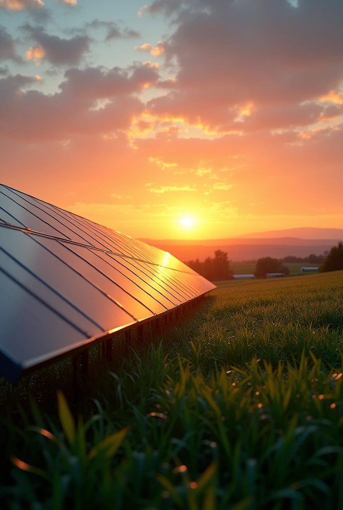 Solar panels in a field with sunset