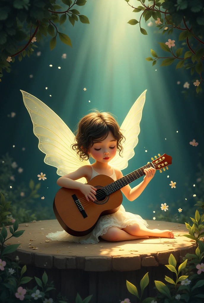 young little guitarist, classical guitar, Sitting on stage, in the spotlight. Very inspirational. fairy. Illustration in the style of Jean Baptiste Monge