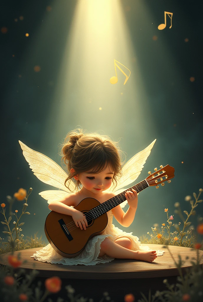young little guitarist, classical guitar, Sitting on stage, in the spotlight. Very inspirational. fairy. Illustration in the style of Jean Baptiste Monge