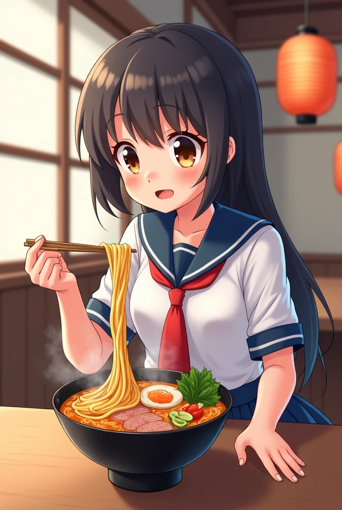 A Japanese girl is sitting and eating ramen, holding chopsticks in her hand. On the end of the chopsticks are noodles. The noodles are long and reach the bowl. The overall picture is Japanese. She is wearing a school uniform. Fresh cartoon image.