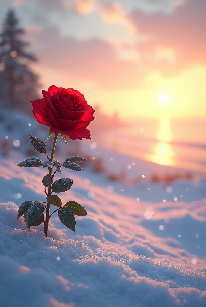Rose in the snow at sunset near the sea
