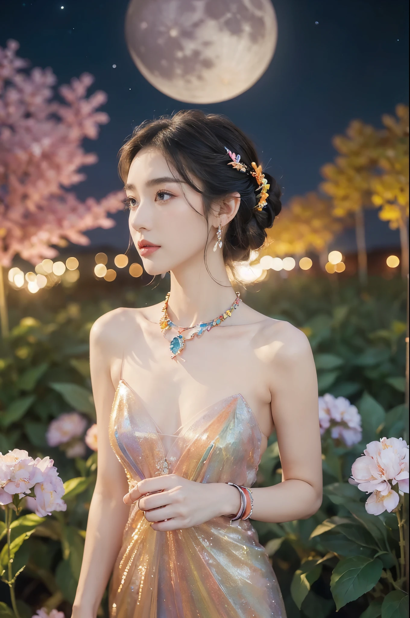 (((best quality))),(((ultra detailed))),(((masterpiece))),illustration,((1 beautiful girl,solo)),(neat chignon:1.2),((earrings,crystal necklace)),((slim,thin)),((small breasts,flat chest)),(slender legs:1.2),(stockings:1.3),(a moon in the clear night sky as the background:1.3), gentle glow,(Standing in the world full of vibrant flowers:1.3),(gorgeous dress:1.3),sparkling eyes,graceful,(surrounded by crowded colorful flowers:1.5), kaleidoscope, shimmer,bright moonlight, delicate petals, fragrance, otherworldly, magical realm, enchantment, tranquility, essence of beauty, peace,(outdoor:1.),(night scene:1.3),((from front,upper body))