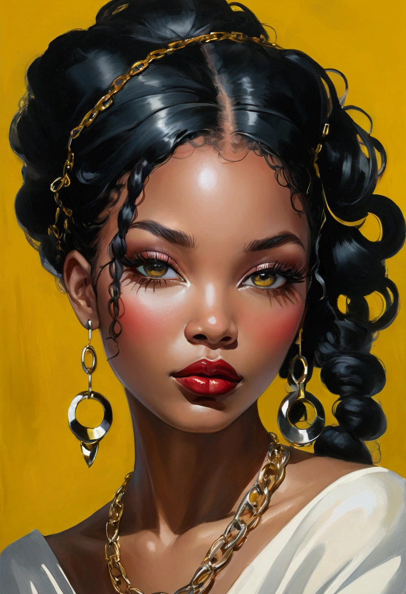 Beautiful black women paintings, Pretty Face, wearing flashy gold Chains, Hip Hop, affectionate, avant-garde, Street Queen, Check it out, Ultra-fine inspired by WLOP, Art Station Trends, Fantasy Art, Complexity and confusion, The Art of Batting, Wallop Art, WLOP |, Influence, Beautiful character painting, Wlop style, WLOP | The germ of art, Unparalleled glass beauty, Figurative Art, Intense watercolor, Watercolor Detail Art, Watercolor splash, Surrealism, avant-garde波普艺术, Beautiful and expressive paintings, Beautiful art illustration, rich and colorful, wonderful, Cruel beauty, masterpiece, best quality, Official Art, Women only, Clear outline, Best Shot, Vector Art, author：Sandra Chevrier, Dave McKean、Richard Avedon、screenwriter：Markiz Kuciala (Makizi Kuciala), Luminous design