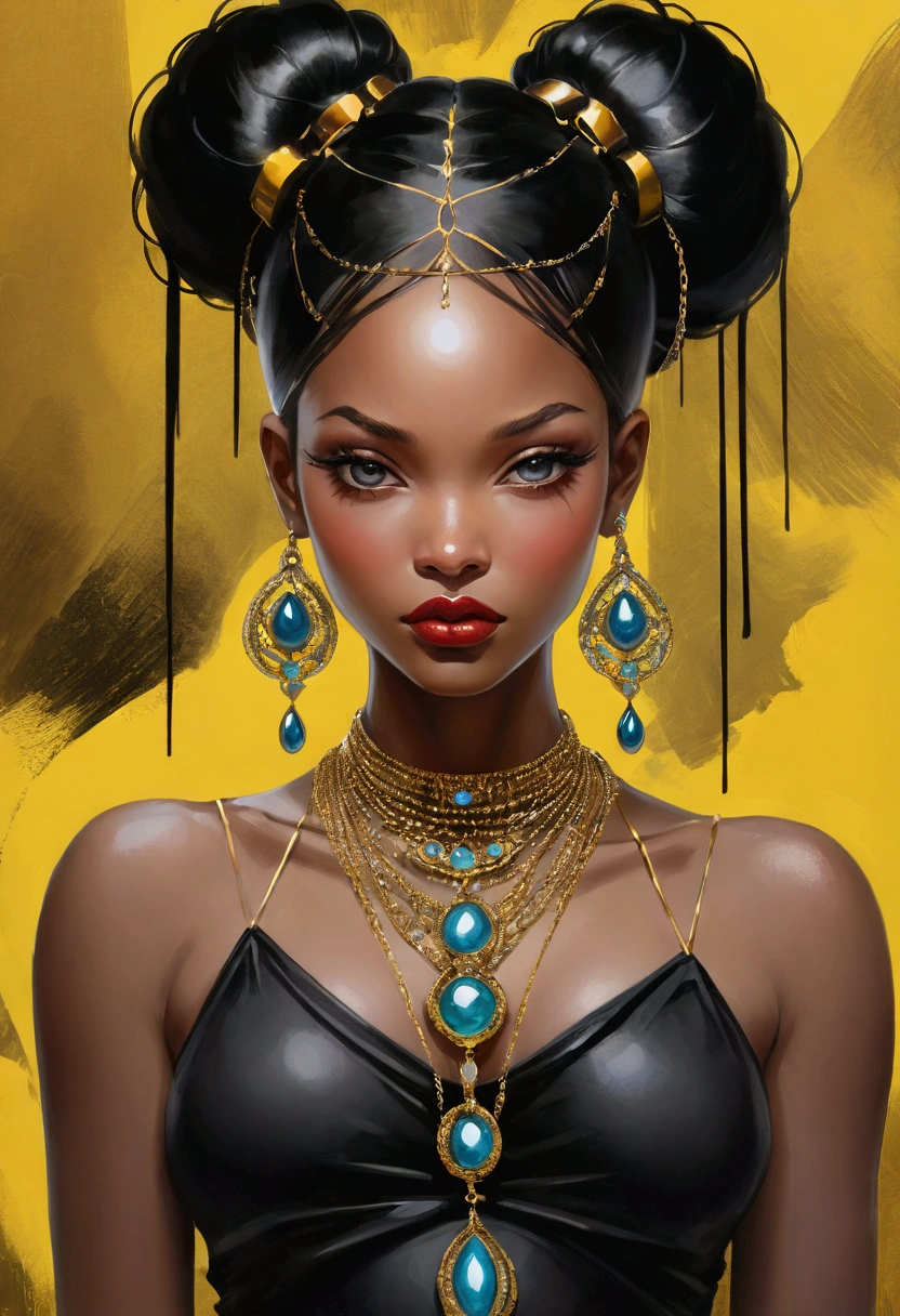 Beautiful black women paintings, Pretty Face, wearing flashy gold Chains, Hip Hop, affectionate, avant-garde, Street Queen, Check it out, Ultra-fine inspired by WLOP, Art Station Trends, Fantasy Art, Complexity and confusion, The Art of Batting, Wallop Art, WLOP |, Influence, Beautiful character painting, Wlop style, WLOP | The germ of art, Unparalleled glass beauty, Figurative Art, Intense watercolor, Watercolor Detail Art, Watercolor splash, Surrealism, avant-garde波普艺术, Beautiful and expressive paintings, Beautiful art illustration, rich and colorful, wonderful, Cruel beauty, masterpiece, best quality, Official Art, Women only, Clear outline, Best Shot, Vector Art, author：Sandra Chevrier, Dave McKean、Richard Avedon、screenwriter：Markiz Kuciala (Makizi Kuciala), Luminous design