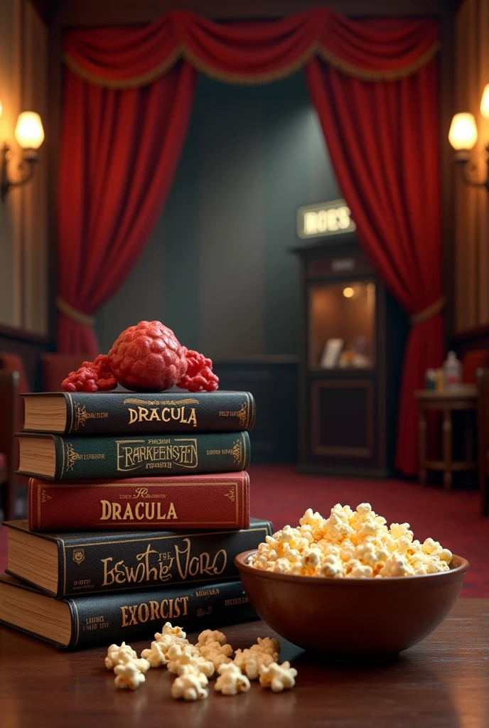 vintage cinema  or with a stack of horror films. You could even include snacks like popcorn for a playful touch.