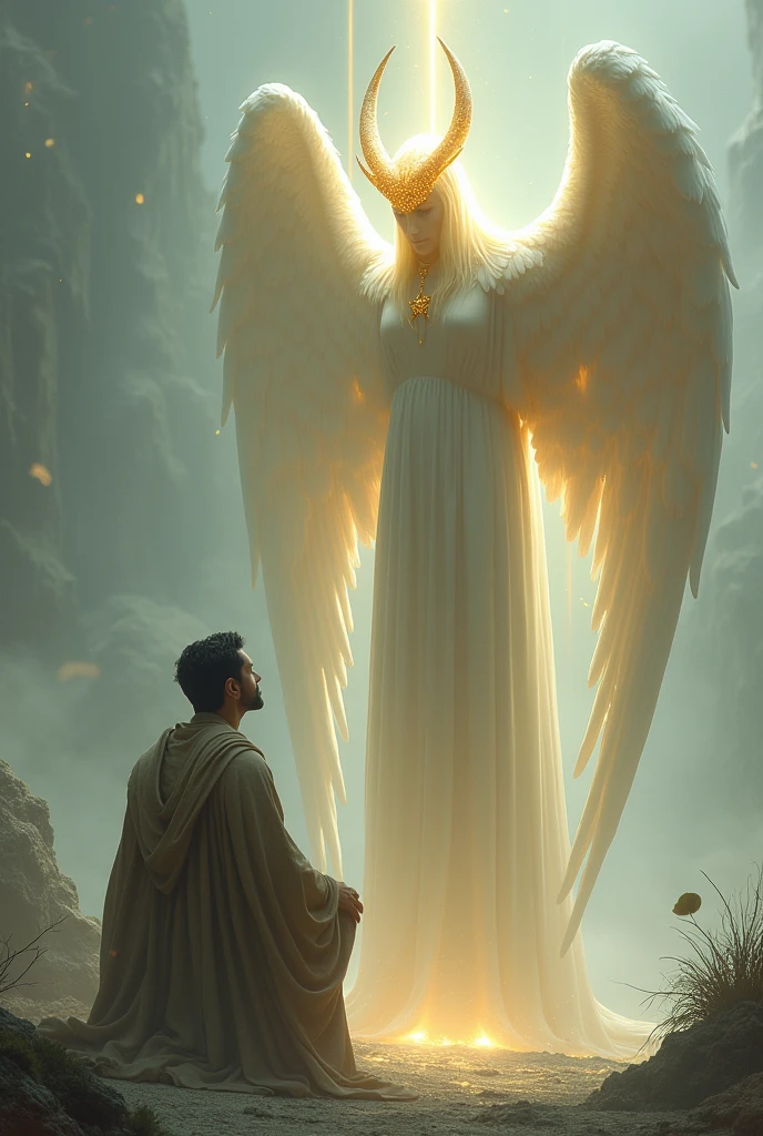 A man kneeling in front of an angel with a horn