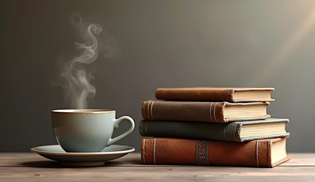 A stack of books next to a cup of coffee.