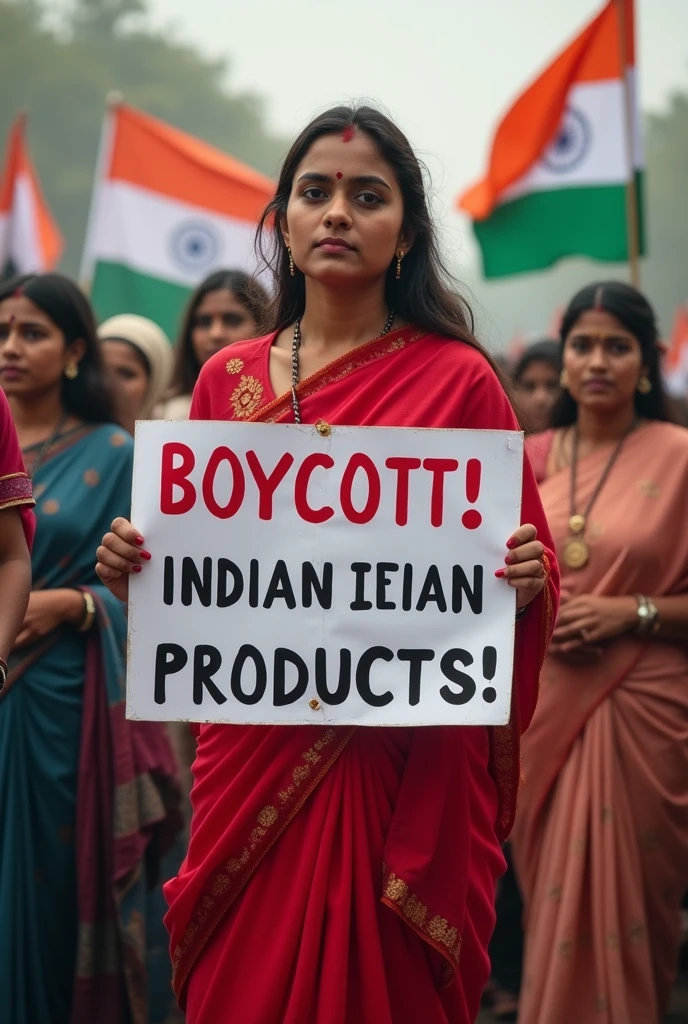 Give me an image which written Boycott Indian Products banner with girl wear red sharee.
Reason Bangladesh flood.