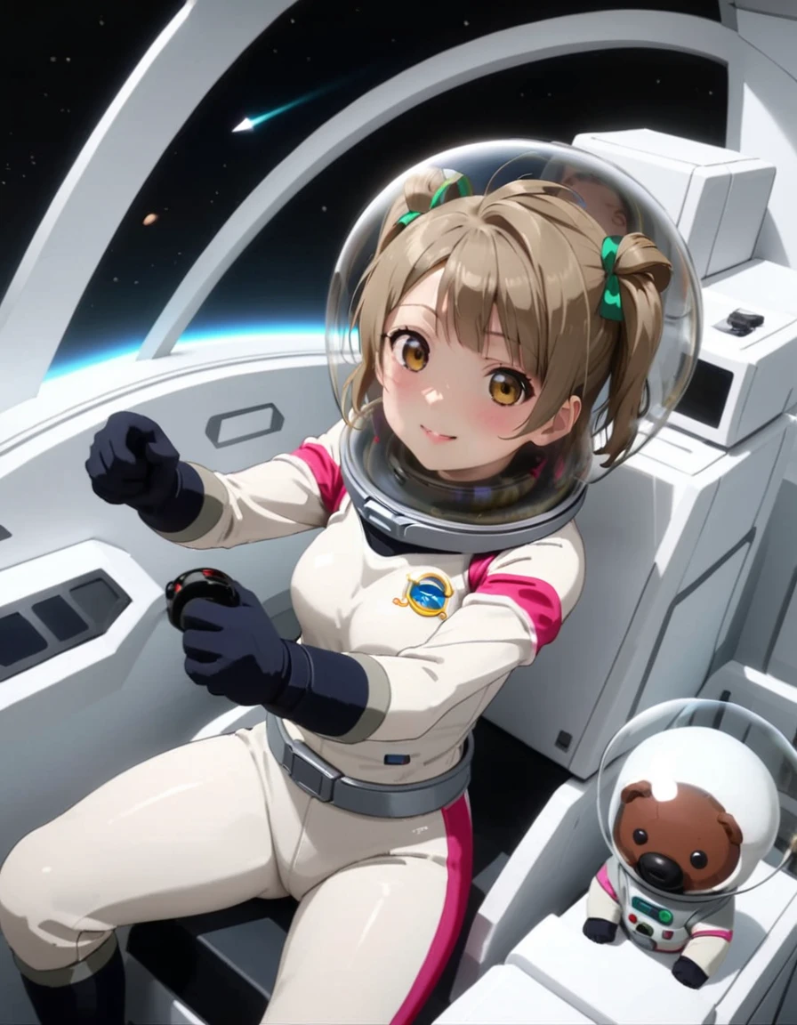 (Spacesuit:1.15), White Cargo Pants, Space Helmet , , Spacewalk, masterpiece, Highest quality, One person, alone, short hair, , , , Bodysuits,Gloss,, short hair, (Futuristic spaceship:1.6), , smile,Covered navel, short hair,Small breasts,From above, space helmet, bubble helmet,Minami Kotori , Love Live! School Idol Project, paw pose