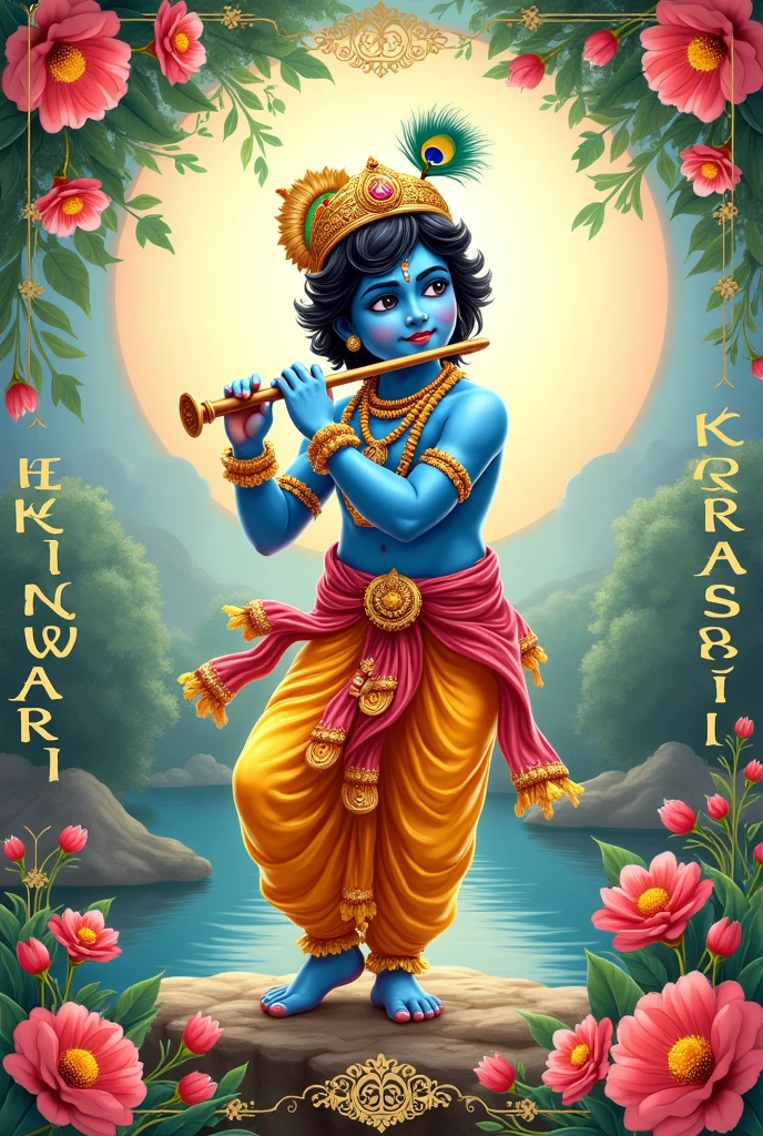 Create a krishna flute theme template
Where on top of the template written that
We are cordially welcome for the krishna Janmashtami