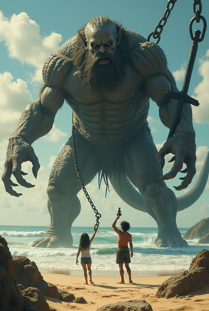 beach, human-sized humanoid Leviathan, holding a chain in both hands, swinging a chain with an anchor at the end above his head, BLAKE, a delinquent girl, bicycle chain in his hand, swinging it like a bolas above his head, Leviathan and A girl looking in the same direction,