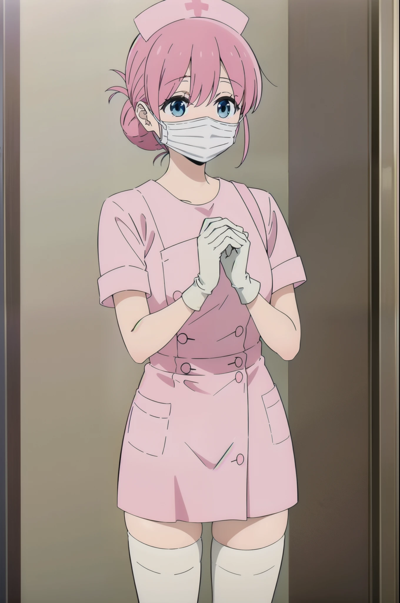 gotoumichiyo, pink hair, blue eyes, solo, nurse, ((white nurse cap, white nurse's outfit)), ((white legwear, zettai ryouiki)), white gloves, ((white surgical mask, covered nose)), standing, hospital room, sharp outline, short sleeves, best quality, masterpiece