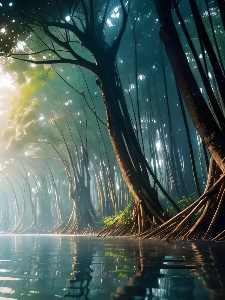 trees that are standing in the water with their roots exposed, a digital rendering by national geographic, flickr, environmental art, mangrove trees, mangrove swamp, frans lanting, indian forest, national geography photography, national geographic photos, rainforest, tree roots, indonesia national geographic, breath - taking beautiful trees, breath-taking beautiful trees, jungles of vietnam beautiful