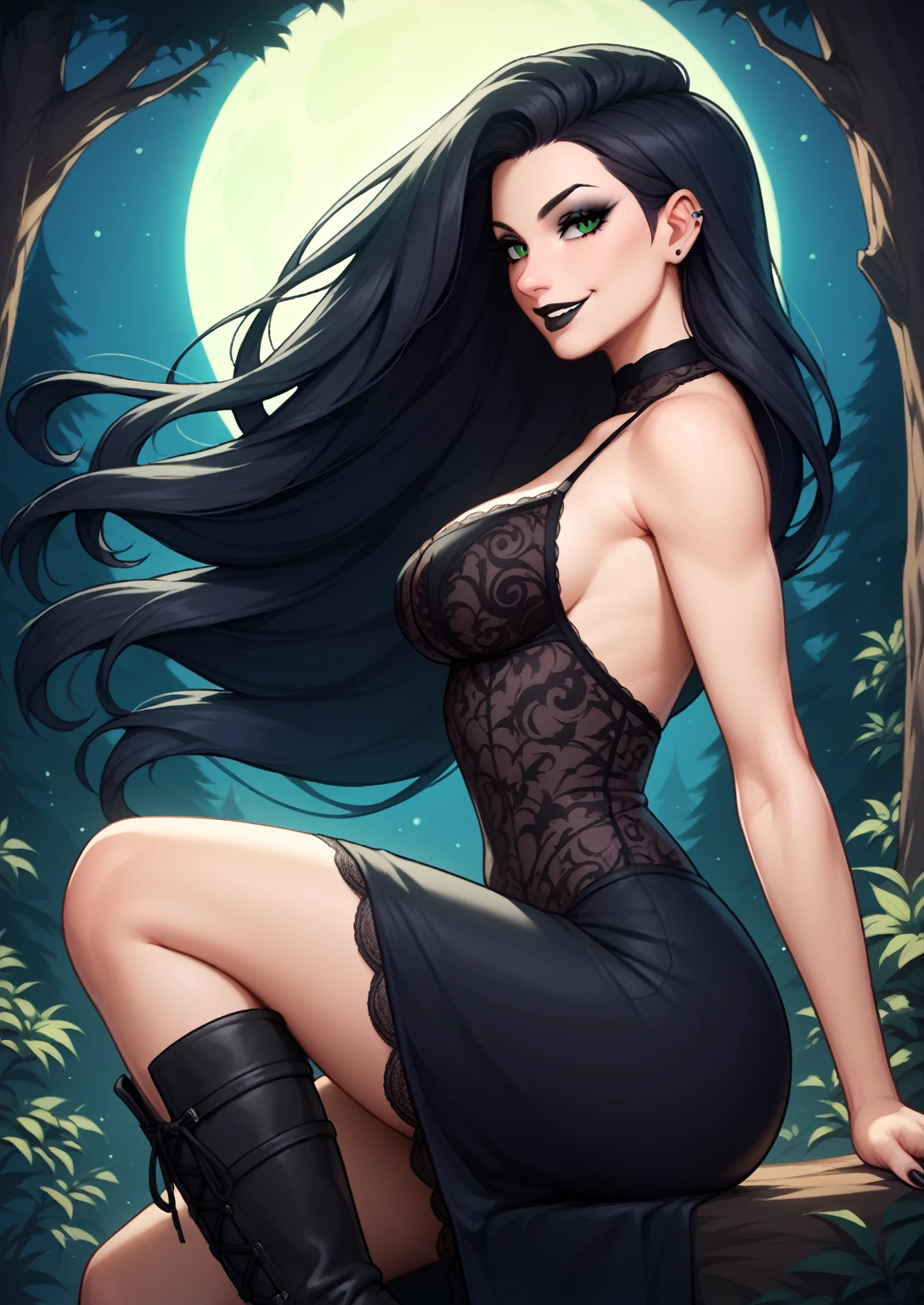 1girl, solo, green eyes, long hair, black hair, long black lace dress, half-body, dark forest, night time, wiccan aesthetic, goth, black lipstick, black eyeshadow, smirk, sharp eyeliner, black nails, long black skirt with a slit on the side, black boots, sexy pose, side profile 