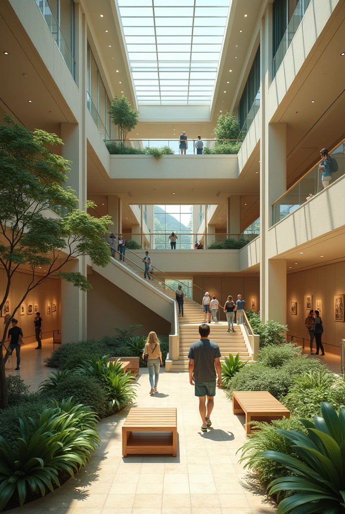 mezzanine in a two-story museum with green area