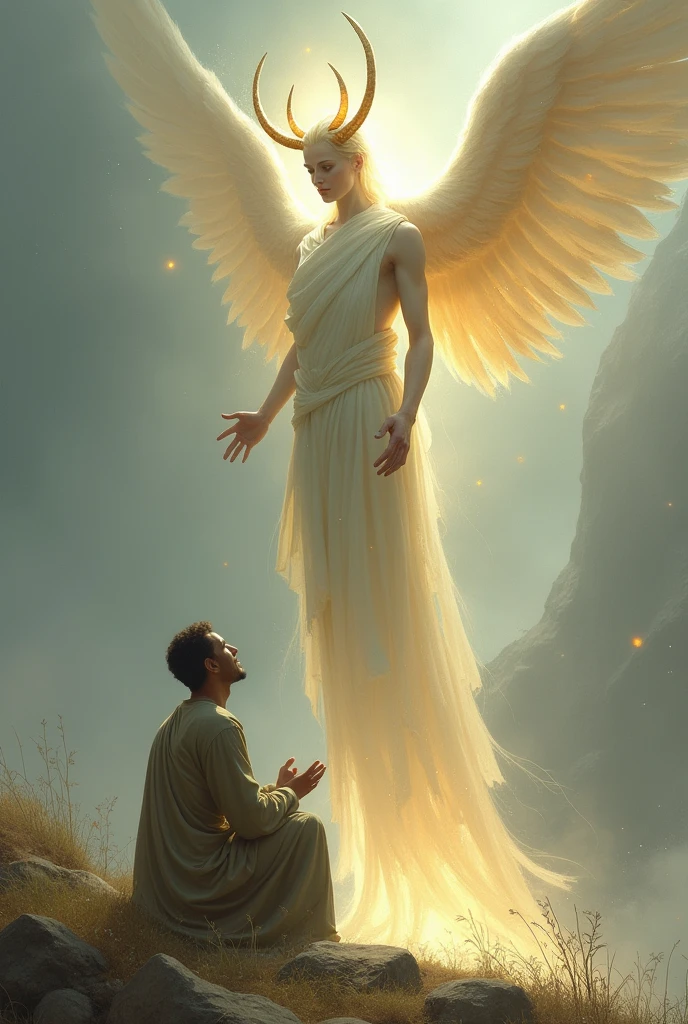 A man kneeling in front of an angel with a horn 
