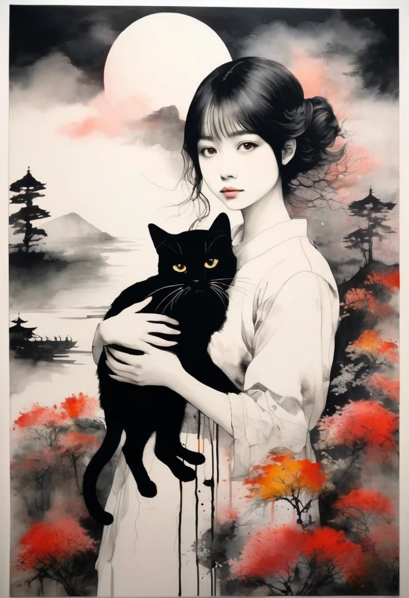 Painting of a beautiful girl holding a cat、Filled with love for cats、愛情deep、chaos、(Ink drawing on Japanese paper, Landscape painting that bleeds easily)、(絵本のようなContemporary Art) ,Dark Side Artistic、Contemporary Art、(Transparent watercolor) (Light itself is reality) (Soft layer,Colorful colors、lots of colors) (shades of paint dissolved thinly with water) (deep, Delicate colors) paint (draw) In black and white:1.4、Masterpiece、Highest quality、Kanna Hashimoto