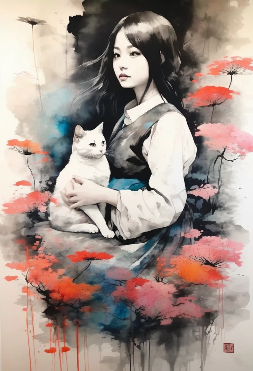 Painting of a beautiful girl holding a cat、Filled with love for cats、愛情deep、chaos、(Ink drawing on Japanese paper, Landscape painting that bleeds easily)、(絵本のようなContemporary Art) ,Dark Side Artistic、Contemporary Art、(Transparent watercolor) (Light itself is reality) (Soft layer,Colorful colors、lots of colors) (shades of paint dissolved thinly with water) (deep, Delicate colors) paint (draw) In black and white:1.4、Masterpiece、Highest quality、Kanna Hashimoto