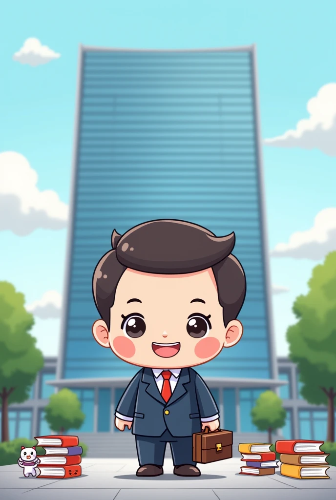 Create a kawaii image of a lawyer in front of the headquarters of the United Nations Organization