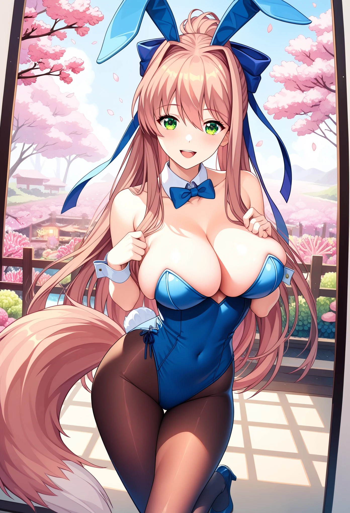 ((masterpiece, best quality:1.2))((coral brown hair))((emerald green eyes)),solo,1girl,monika(doki doki literature club),(fluffy_fox_tail), blue bunny girl suit, boob_squeeze, sexy pose, pantyhose, good hands, good anatomy, good fingers, happy face expression, photo, cherry blossoms in the background.