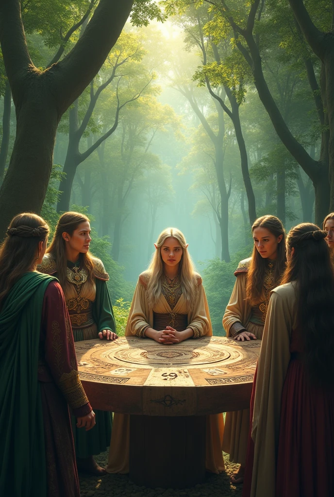 kingdoms of elven wizards in the middle of the forests , with her alpha mage elder right in the center of her warrior mages around a table