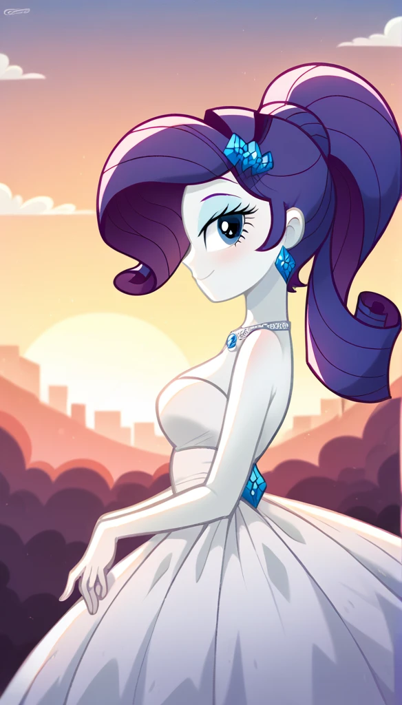 Rarity de Equestria Girls con el by the wide, looking at the viewer with half of the faces, Sunset, Oceanfront, by the wide, pretty eyes, beautiful face, whole body, de pie con el whole body, seductive look, Wedding dress, Profile