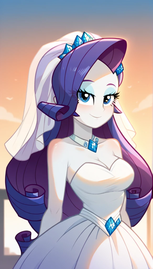 Rarity de Equestria Girls con el by the wide, looking at the viewer with half of the faces, Sunset, Oceanfront, by the wide, pretty eyes, beautiful face, whole body, de pie con el whole body, seductive look, Wedding dress, Profile 