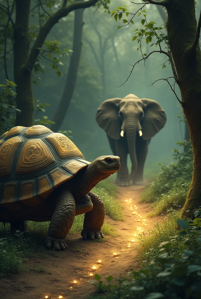 When the tortoise arrived at the secret place, he began to sing the chant: "Gwon Gwon Gwon Gwon," and the path to the yam opened up The elephant, watching from a distance, memorized the chant and waited for the tortoise to leave