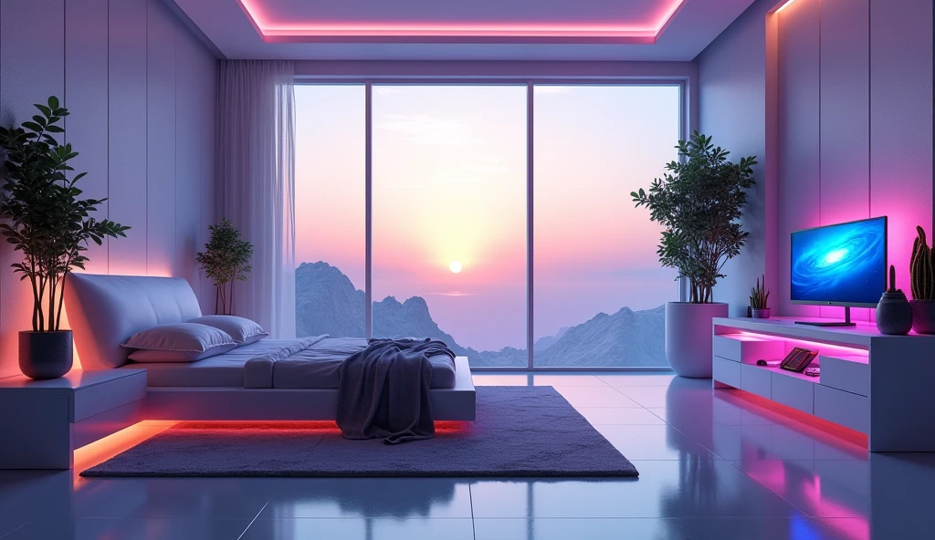 futuristic rich billionaire modern room, futuristic rich billionaire modern LED white lights, futuristic rich billionaire modern bedroom, realistic view, realistic sky, sun reflection, uncommon and unique, realistic shadow, realistic shader, dynamic lighting, modern white LED lights, master bedroom, king size bed, big room and big window, gaming computer setup with blue and purple color neon lights, corner view,