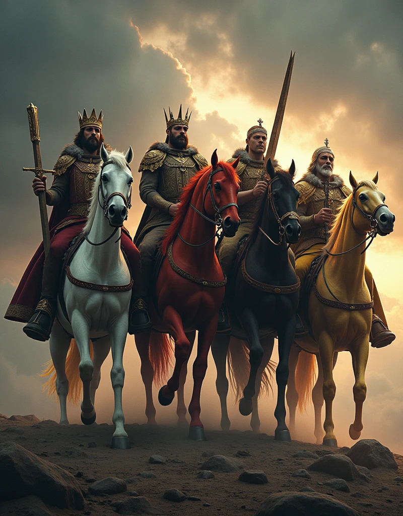 (photorealism:1.2) the 4 riders of the apocalypse on their horses. The first one is a white horse and his rider holds an arc and arrow and a crown on his head. The second one is a red horse whose rider holds a large sword and he was a peace braker. The third one is a black horse whose rider holds a ancient balance on his hands and his name was hunger. The fourth one is a yellow horse whose rider was called "DEATH"