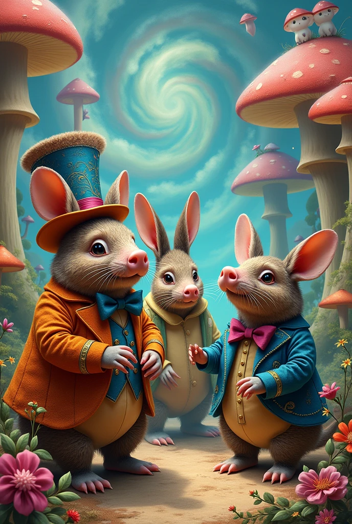 Three Armadillos as if they were characters from Alice in Wonderland