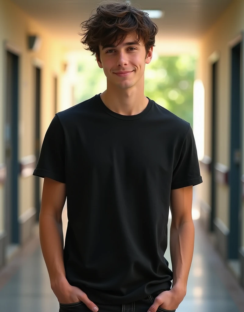 ((best quality)), ((realistic)), ((masterpiece)), (detailed), (3/4 body visable), (standing), 20-years old male, plain black t-shirt, black jeans, messy long haircut, brown eyes, school hallway, friendly pose, skinny,