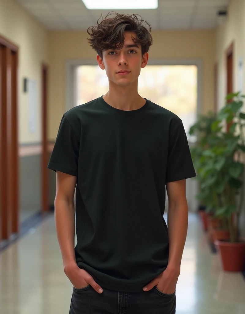 ((best quality)), ((realistic)), ((masterpiece)), (detailed), (3/4 body visable), (standing), 20-years old male, plain black t-shirt, black jeans, messy long haircut, brown eyes, school hallway, friendly pose, skinny,