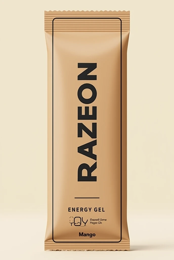 can you add label using black fonts to my 5cm width x 30cm height brown kraft paper 3-sides heat sealed packaging thin strip. The label should include brand name “RazeOn”, product name “Energy Gel”, flavor “Mango” and net weight “30 grams”. So there should be only brown and black colors and make it minimalistic with black border