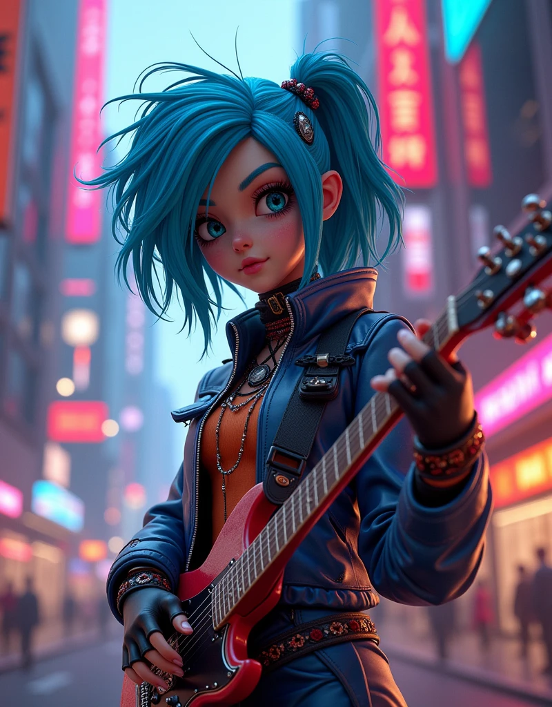 ((gorillaz art-style)), by Jamie Hewlett noodle, 1 girl, portrait, blue hair, colorful, detailed cyberpunk outfit, futuristic city, vibrant colors, dynamic pose, cinematic lighting, intricate details, highly detailed, 8k, photorealistic, masterpiece
