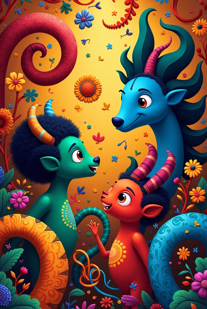 Pixar style illustration drawing/disney of various colorful adinkra symbols.