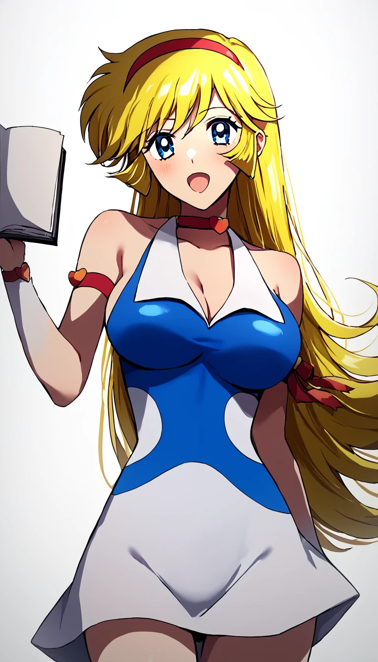 (Anime artwork, Anime Style, Studio Anime, Very detailed, up to date, Vibrant, Anime Coloring Book, High Contrast, masterpiece:1.2, Highest quality, Best aesthetics),((kisaragi honey:1.4)), blonde hair, summer dress, hair band, BREAK score_9, score_8_up, score_7_up, source_anime, best quality, (blue eyes:1.1),