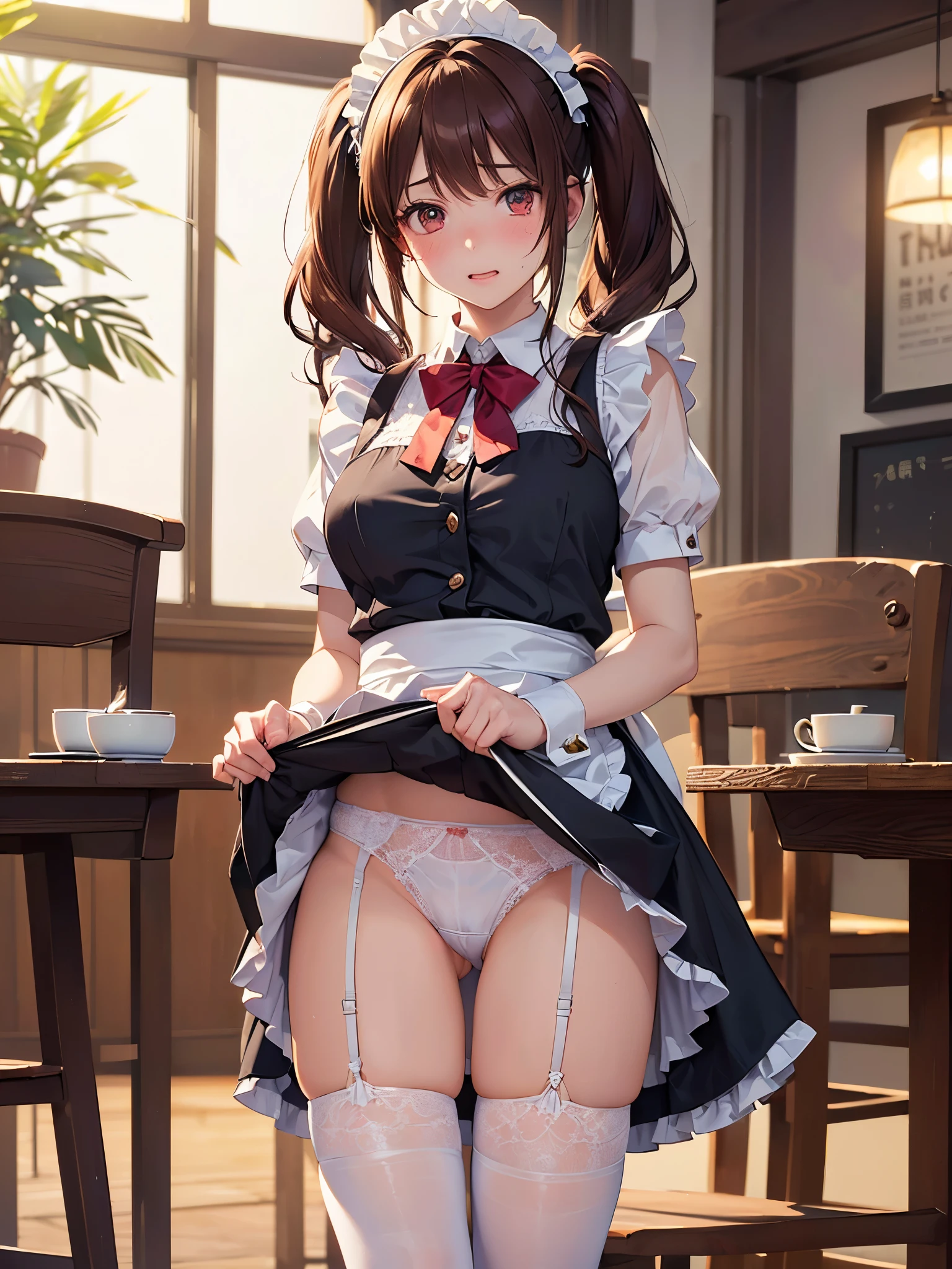 (((masterpiece, Highest quality, High resolution, 超High resolution, Perfect Pixel, Depth of written boundary, 4K, RTTX 10.0))), Beautiful Anime Woman, Beautiful art style, Anime characters, ((Smooth texture, Realistic texture, Anime CG Style)), Exact finger count、Exact number of legs、(Exact number of arms:1.0, Exact number of hands:1.0), (Perfect hands, Perfect Anatomy), Cinematic, Realistic, Extremely detailed CG, Daytime lighting, Perfect lighting, Best Shadow, The best natural light, whole body, Perfect body, Slender body, ((bangs, Dark reddish brown hair, Stylish and cute twin tail hairstyle), Long Hair), (Detailed face, Cute Face), (A grown woman standing with her own hand lifting up her skirt:1.7), (black and white maid outfit, Frilled maid outfit, Knee socks, pumps:1.3)、Angle from the front, ((セクシーでかわいいWhite panties:1.3), (Glossy satin panties, Side-tie panties, Black lace panties:1.3), (White panties, garter belt:1.3)), (Beautiful big boobs), (Beautiful and thin thighs:1.3), Feeling embarrassed, (blush:1.2), (Very embarrassed look:1.5), (maid Cafe, Tables and chairs, Many male customers in the background, The male customers are chatting:1.4), sbrooch, jewelry, ascot, red vest
