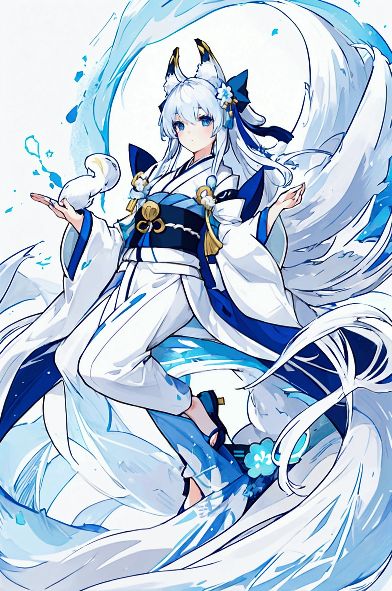 A girl with a white long hair with blue bows in, wear a blue short kimono have white kitsune ears and white kitsune tail have a blue eyes