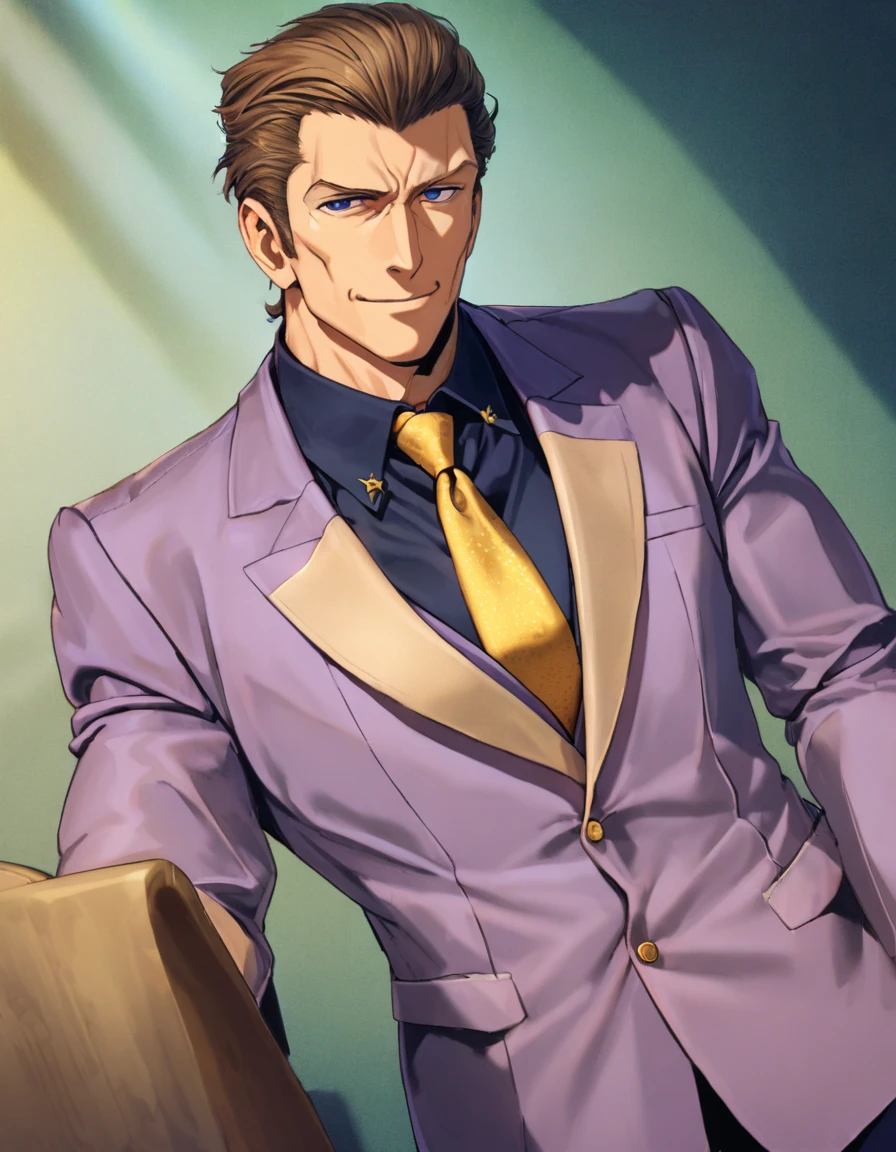 1man, solid mature male, masculine president, spiked slicked back, darkblue eyes, businessman hairstyle, olive hair, BREAK dignified playboy, toned japanese, ideal ratio body proportions, broad face, high cheekbones, BREAK violet formal jacket, purplewhite shirt, yellow necktie, BREAK solo, cool emotion, romance, sexy smile, BREAK solo, upperlegs, smart expression, visual novel, 2000s, in eroge style, in persona style, BREAK depth of field, dutch angle, cinematic shadows, cinematic lighting, lens flare, light leaks, texture, absurdres absolutely resolution, extreme all detailed, greatest painting, BREAK masterpiece, best quality