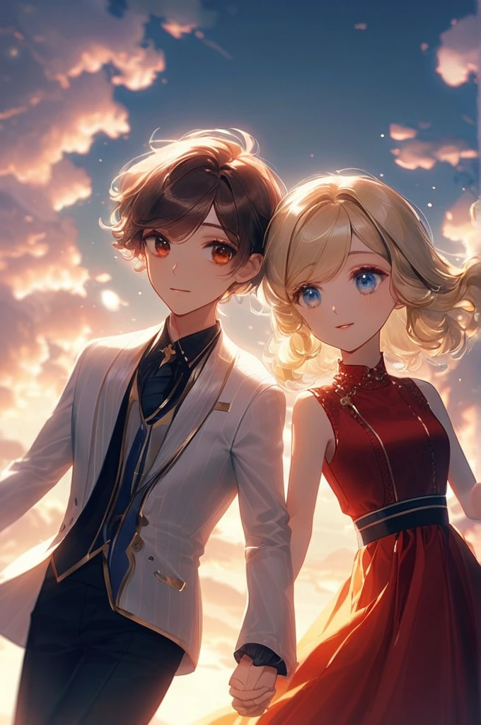 ((Лучшее качество)), ((шедевр)), (подробный), a blonde girl with blue eyes, a guy with dark hair and amber eyes, they are angels who are very in love and holding hands, clouds and light around them