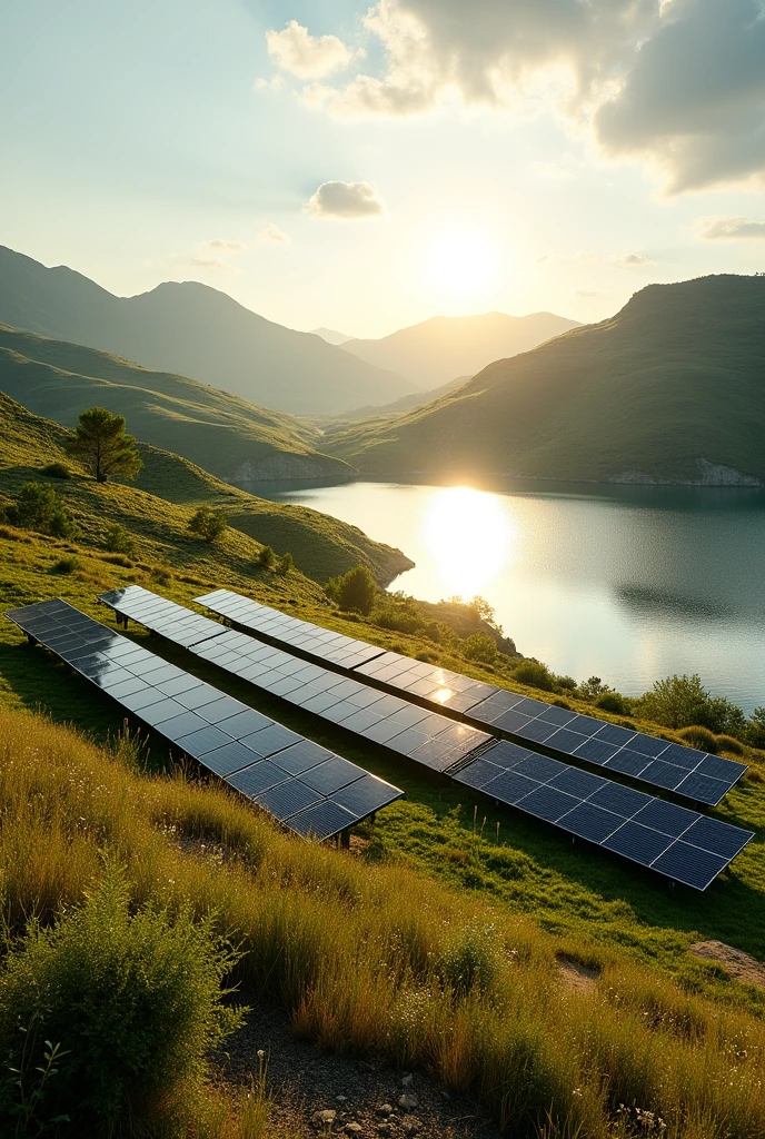Solar panels in a field near a lake