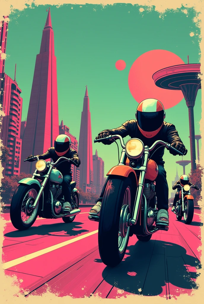"A retro t-shirt design featuring 1940s shopper motorbikes driving through a futuristic landscape with robots watching the action. The design uses neon colors like pink, Green and teal, with a grid background and a worn texture."