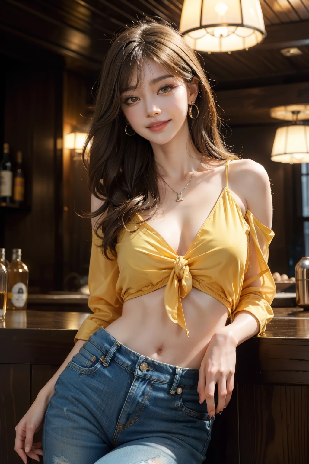 (best quality, 8k,32k,masterpiece, UHD:1.2),extremely detailed CG unity 8k wallpaper,intricate details,Raw photo,(photorealistic:1.4),atmosphere,ultra high res,Realistic,Real,Huge_filesize,incredibly absurdres,(centered:1.3),Ultra illustration,(ultra-detailed),cinematic lighting,various colors,depth of field,art by krenz cushart,golden hour lighting,taken by Canon EOS,SIGMA Art Lens 35mm F1.4,ISO 200 Shutter Speed 2000,blurry background,
BREAK,
1girl,(smile:1.5),slim body,(long hair with see-through bangs:1.4),solo,1 Japanese beautiful woman,(night bar,yellow blouse,denim:1.5),(light brown hair:1.5),((brown eyes)),Large breasts,chest, Soft white skin that shines with every detail,pale skin,Very beautiful face,Very well-formed face,Natural and realistic face,Best,beautiful detailed eyes,striking eyes,Eyes drawn in detail, smile with your mouth closed,Detailed mouth,Detailed lips,shiny beautiful lips,Glossy lips,simple earrings,necklace,jewelry, solo focus,low neckline,
BREAK,
Back lighting,kool,Standing,
BREAK,
(dutch angle,sexy pose:1.4),cowboy shot,looking at viewer,
BREAK,tzuyu,yui aragaki,長い髪, 長い髪,