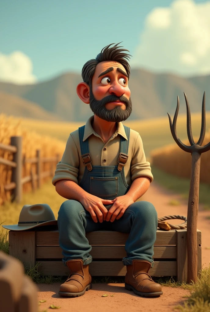 In cinamatic 3d cartoon "Farmer: (tired) "Didn't earn much today either. But what can we do? Hard work is the only way to fill our stomachs."