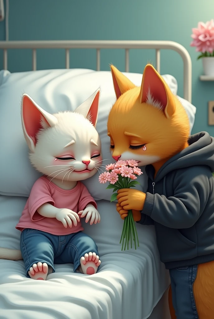 A white bony cat dressed in pink top and blue jeans smiling on hospital bed with tears in eyes watches a yellow cat with tattered black hoodie and black jeans with flowers in hands