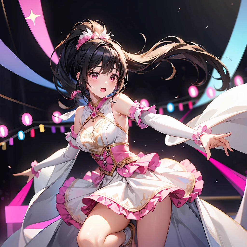 1 person、woman、idol、Black Hair、longponytail、Idol Costumes、beautiful、cute、high resolution、high quality、Sparkly Costume、pink and white costumes、stage、Less exposure
