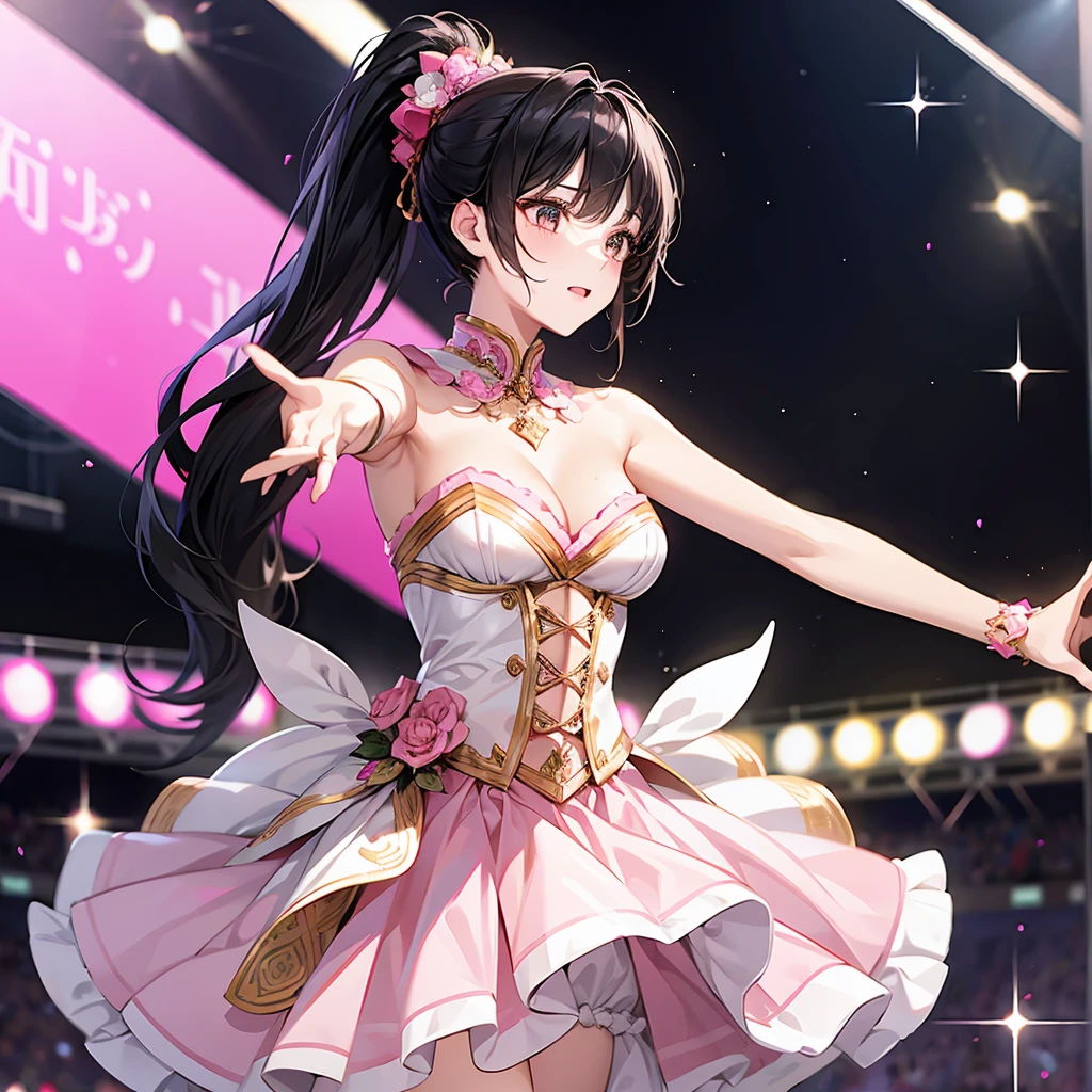 1 person、woman、idol、Black Hair、longponytail、Idol Costumes、beautiful、cute、high resolution、high quality、Sparkly Costume、pink and white costumes、stage、Less exposure